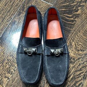 Hermes Black Suede Slip-On Loafers with Silver Bit